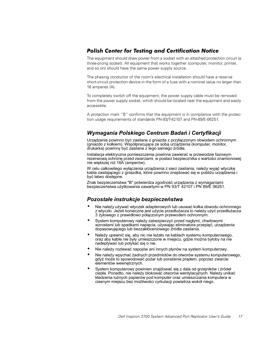 Polish center for testing and certification notice, Wymagania polskiego centrum badaò i certyfikacji, Pozosta³e instrukcje bezpieczeòstwa | Pozostaše instrukcje bezpieczeòstwa | Dell Inspiron 3700 User Manual | Page 21 / 32
