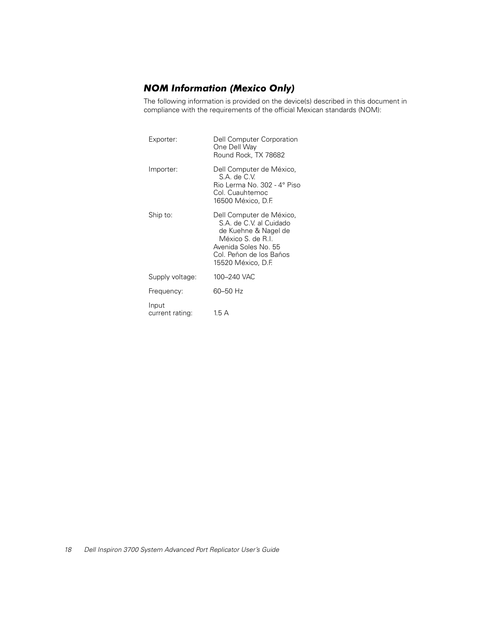 Nom information (mexico only) | Dell Inspiron 3700 User Manual | Page 22 / 32