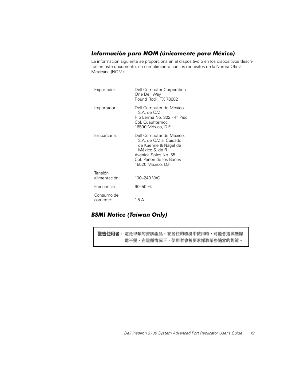 Información para nom (únicamente para méxico), Bsmi notice (taiwan only), Información para nom (únicamente para méxico) | Dell Inspiron 3700 User Manual | Page 23 / 32