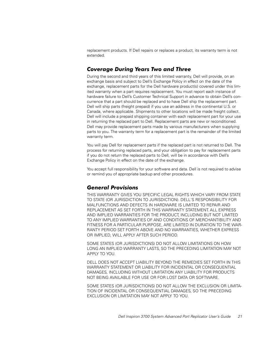 Coverage during years two and three, General provisions | Dell Inspiron 3700 User Manual | Page 25 / 32