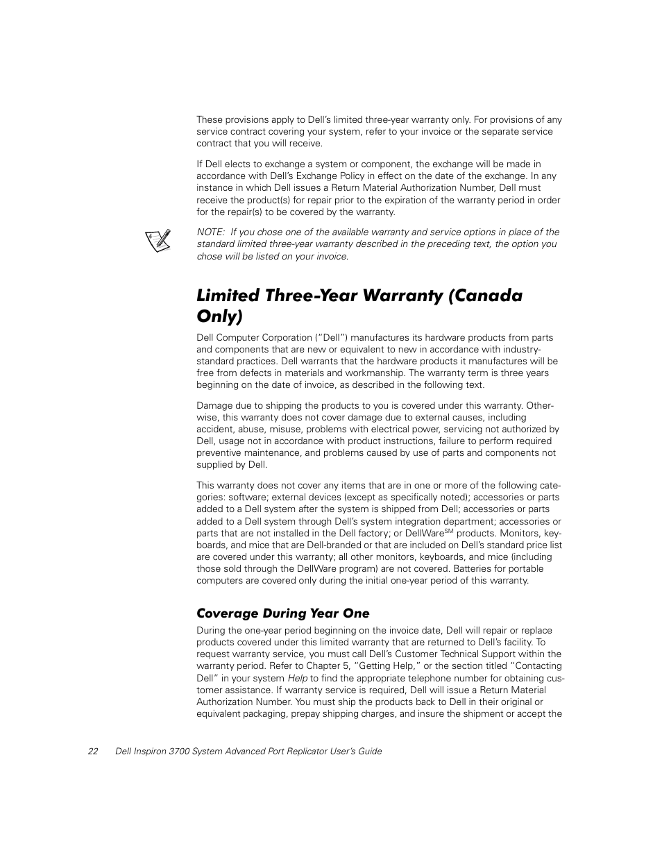 Limited three-year warranty (canada only), Coverage during year one | Dell Inspiron 3700 User Manual | Page 26 / 32