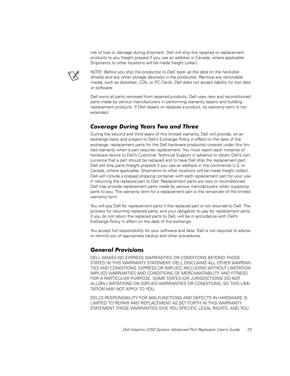 Coverage during years two and three, General provisions | Dell Inspiron 3700 User Manual | Page 27 / 32