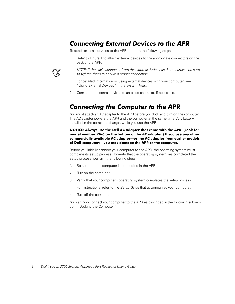 Connecting external devices to the apr, Connecting the computer to the apr | Dell Inspiron 3700 User Manual | Page 8 / 32