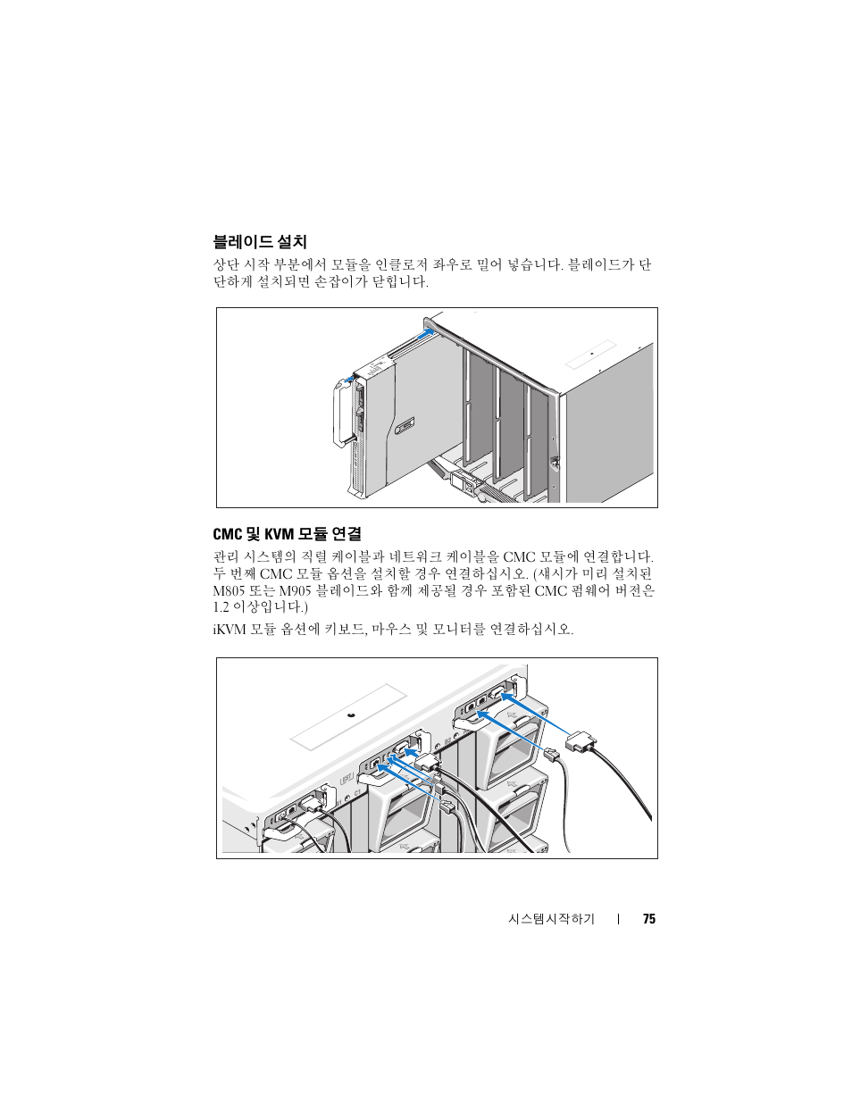 블레이드 설치, Cmc 및 kvm 모듈 연결 | Dell POWEREDGE M905 User Manual | Page 77 / 86