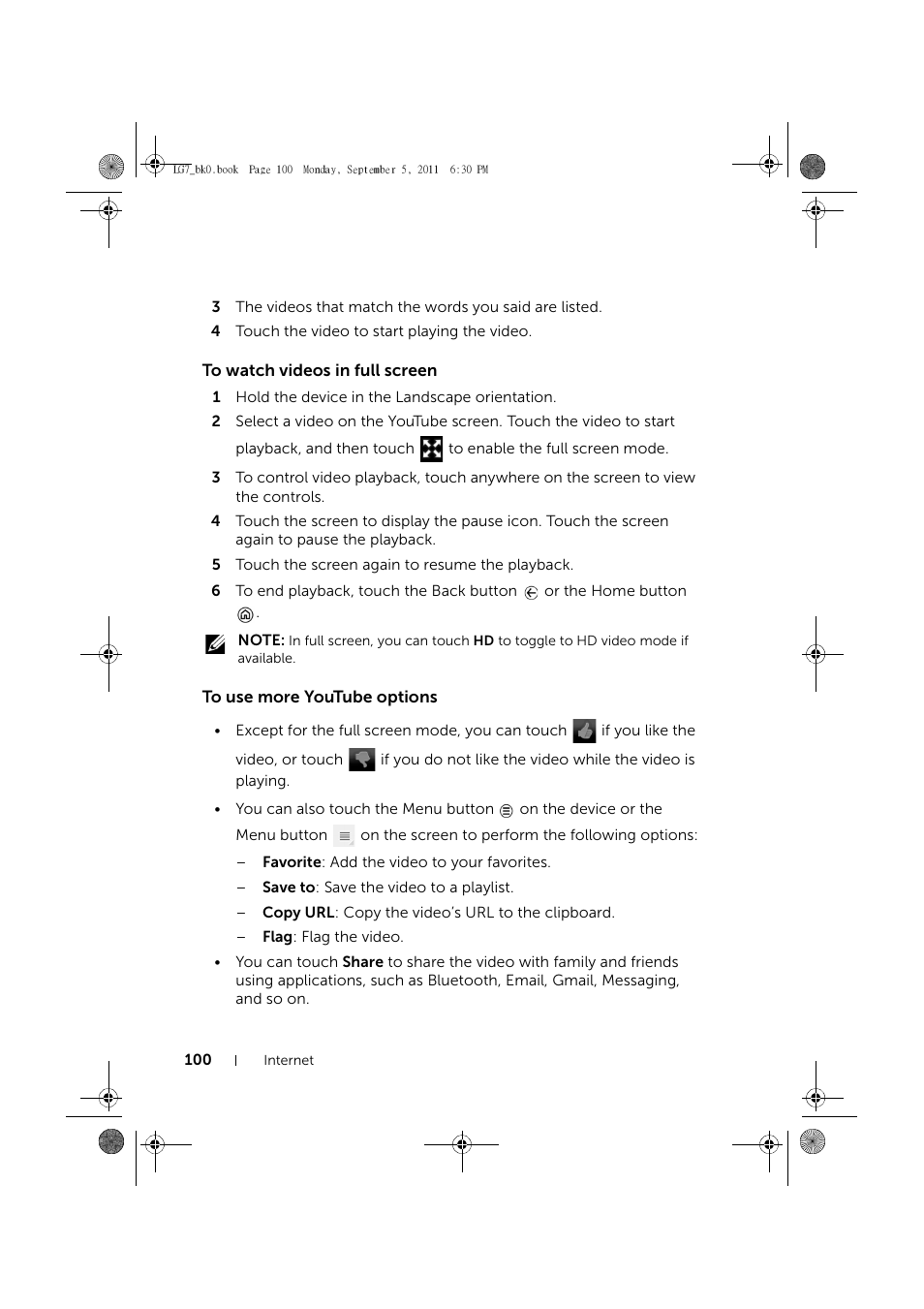 To watch videos in full screen, To use more youtube options | Dell Mobile Streak 7 Wifi Only User Manual | Page 100 / 142