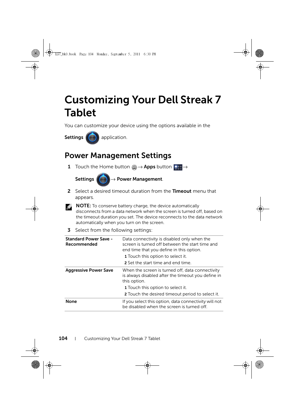 Customizing your dell streak 7 tablet, Power management settings | Dell Mobile Streak 7 Wifi Only User Manual | Page 104 / 142