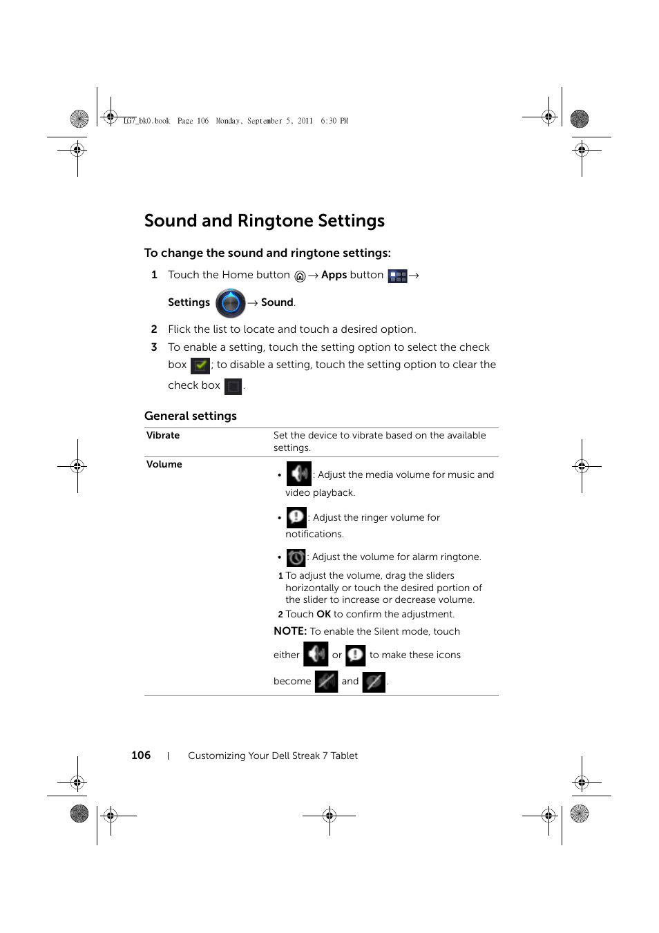 Sound and ringtone settings, To change the sound and ringtone settings, General settings | Dell Mobile Streak 7 Wifi Only User Manual | Page 106 / 142