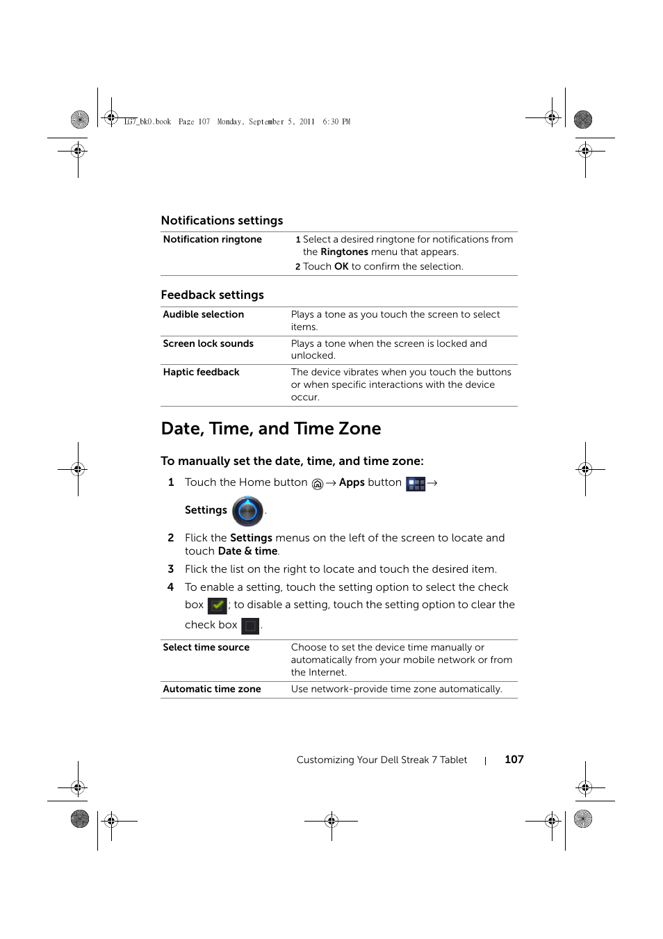 Notifications settings, Feedback settings, Date, time, and time zone | To manually set the date, time, and time zone | Dell Mobile Streak 7 Wifi Only User Manual | Page 107 / 142