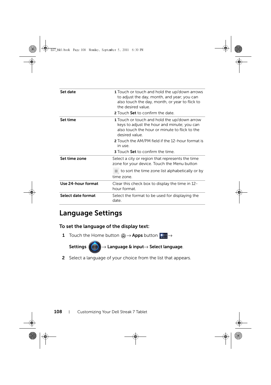 Language settings, To set the language of the display text | Dell Mobile Streak 7 Wifi Only User Manual | Page 108 / 142