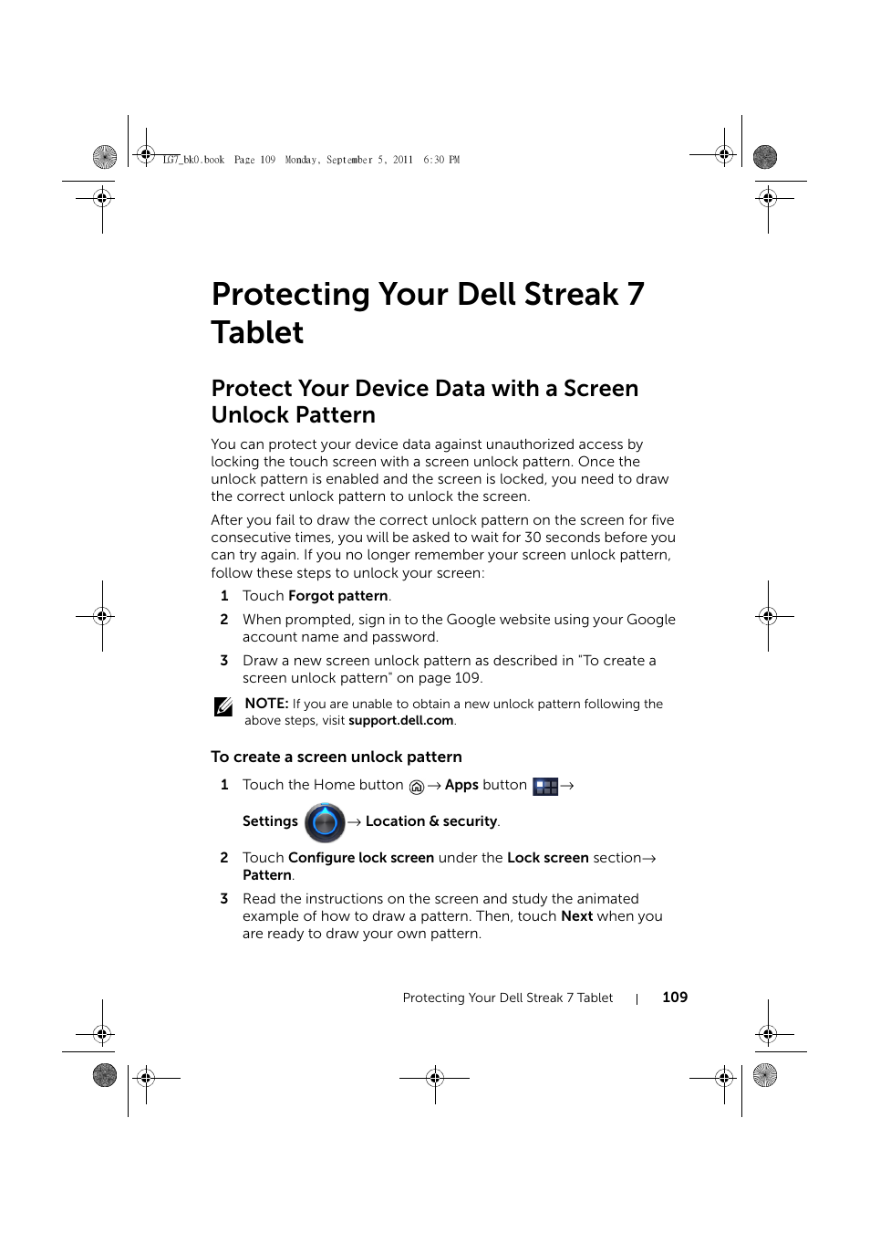 Protecting your dell streak 7 tablet, To create a screen unlock pattern | Dell Mobile Streak 7 Wifi Only User Manual | Page 109 / 142