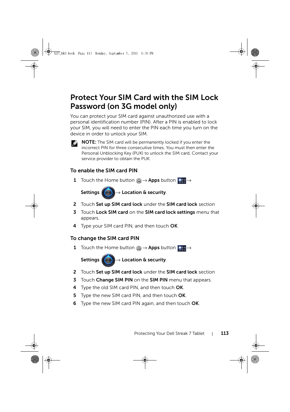 To enable the sim card pin, To change the sim card pin | Dell Mobile Streak 7 Wifi Only User Manual | Page 113 / 142