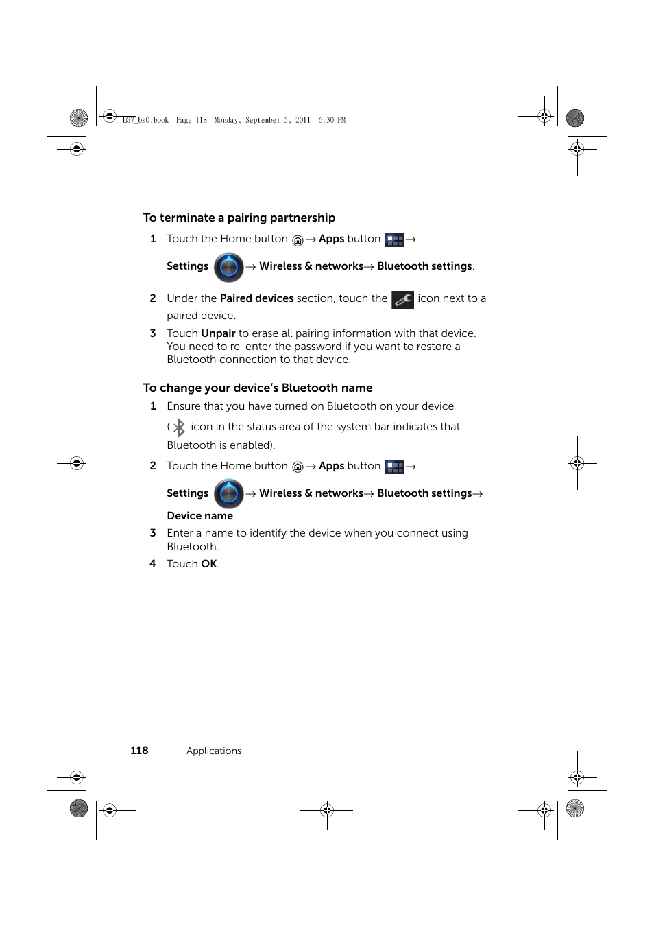 To terminate a pairing partnership, To change your device’s bluetooth name | Dell Mobile Streak 7 Wifi Only User Manual | Page 118 / 142