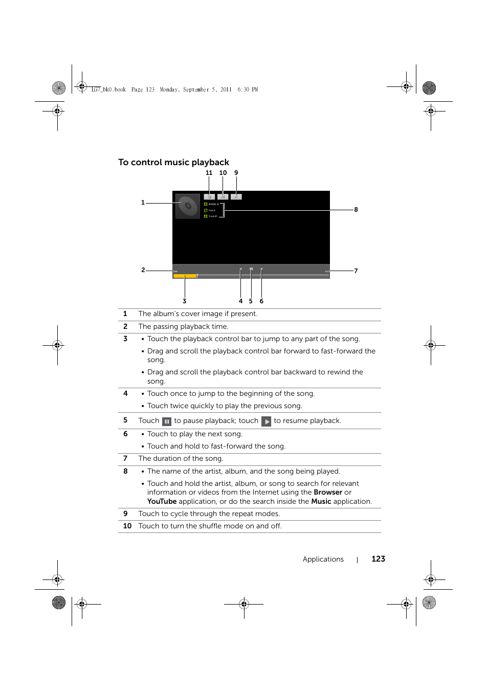 To control music playback | Dell Mobile Streak 7 Wifi Only User Manual | Page 123 / 142