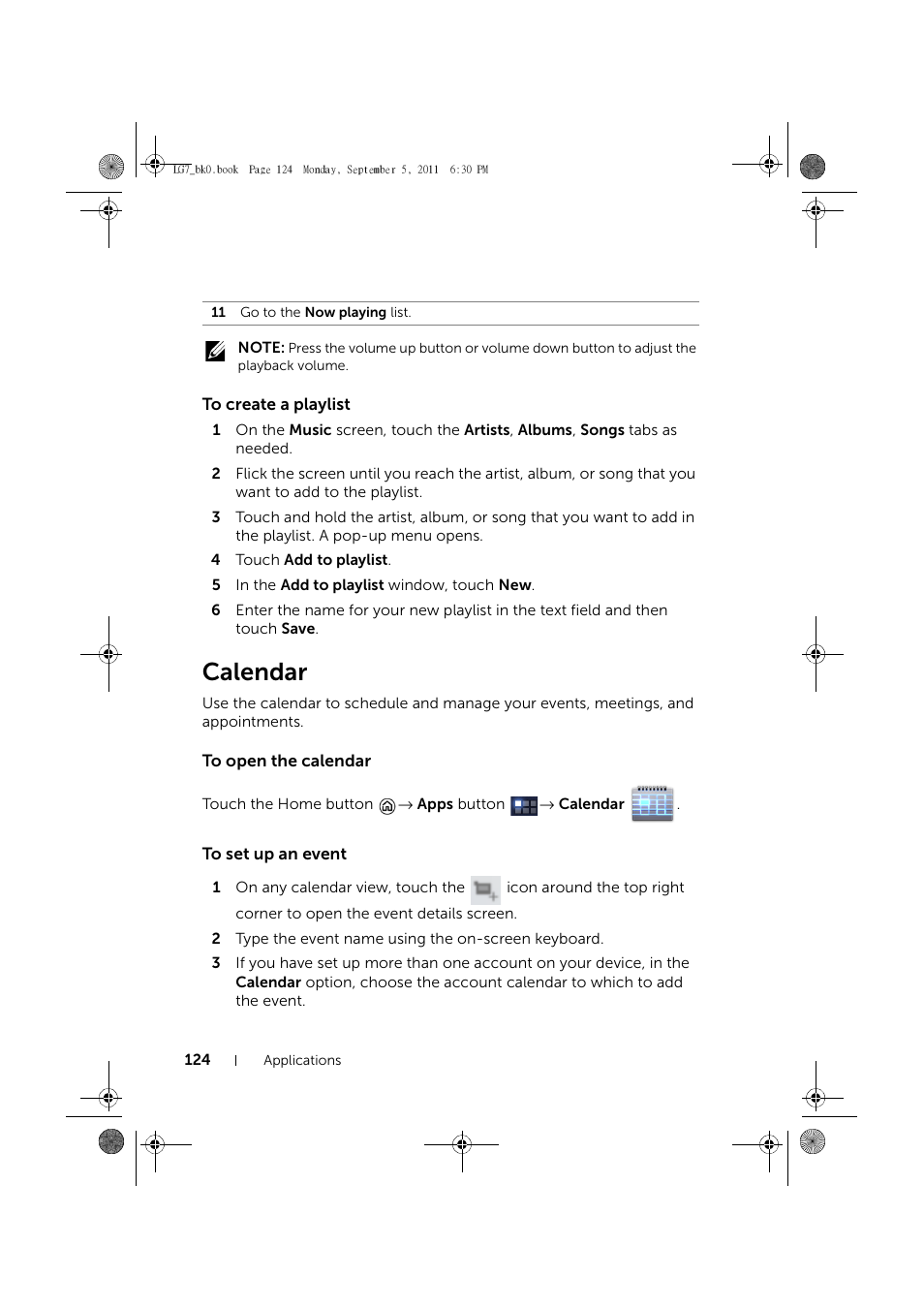 To create a playlist, Calendar, To open the calendar | To set up an event | Dell Mobile Streak 7 Wifi Only User Manual | Page 124 / 142