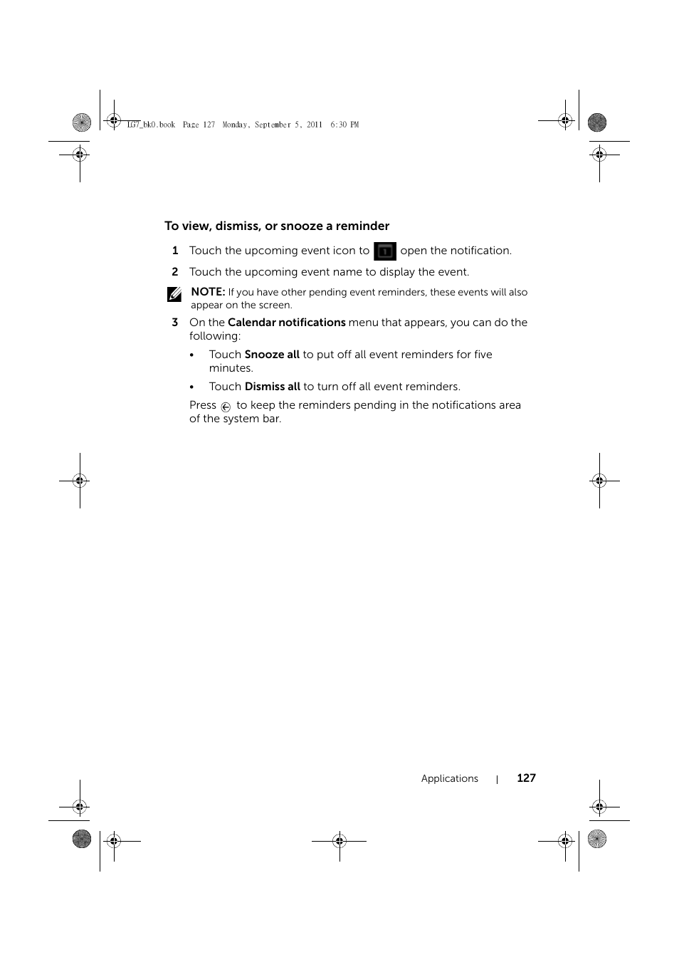 To view, dismiss, or snooze a reminder | Dell Mobile Streak 7 Wifi Only User Manual | Page 127 / 142