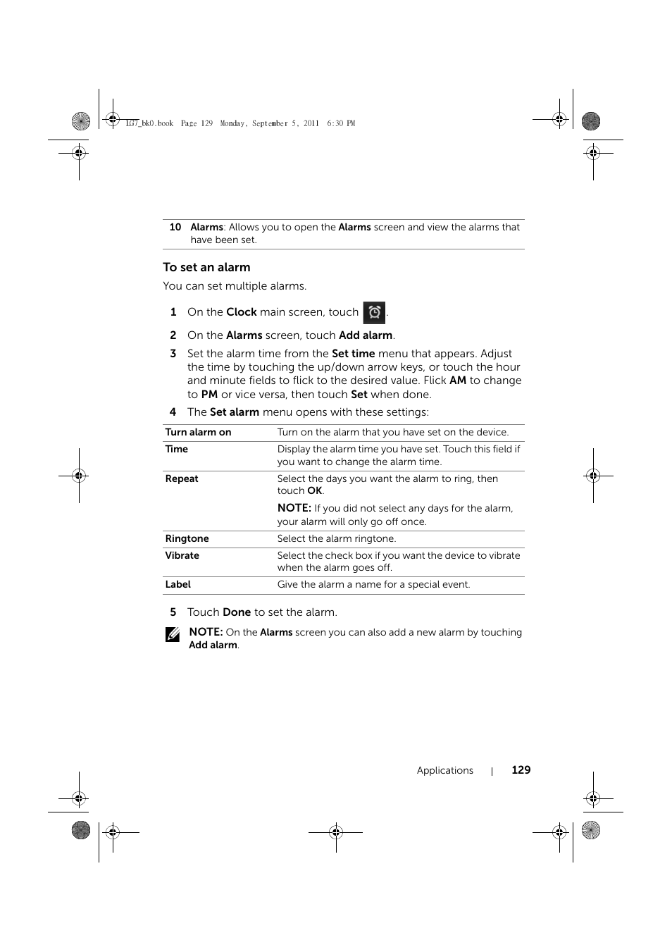To set an alarm | Dell Mobile Streak 7 Wifi Only User Manual | Page 129 / 142
