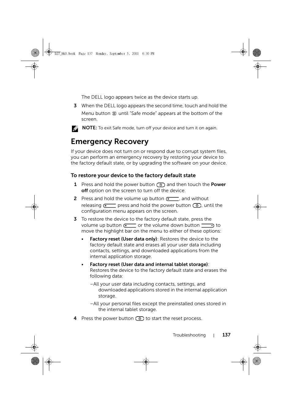 Emergency recovery | Dell Mobile Streak 7 Wifi Only User Manual | Page 137 / 142