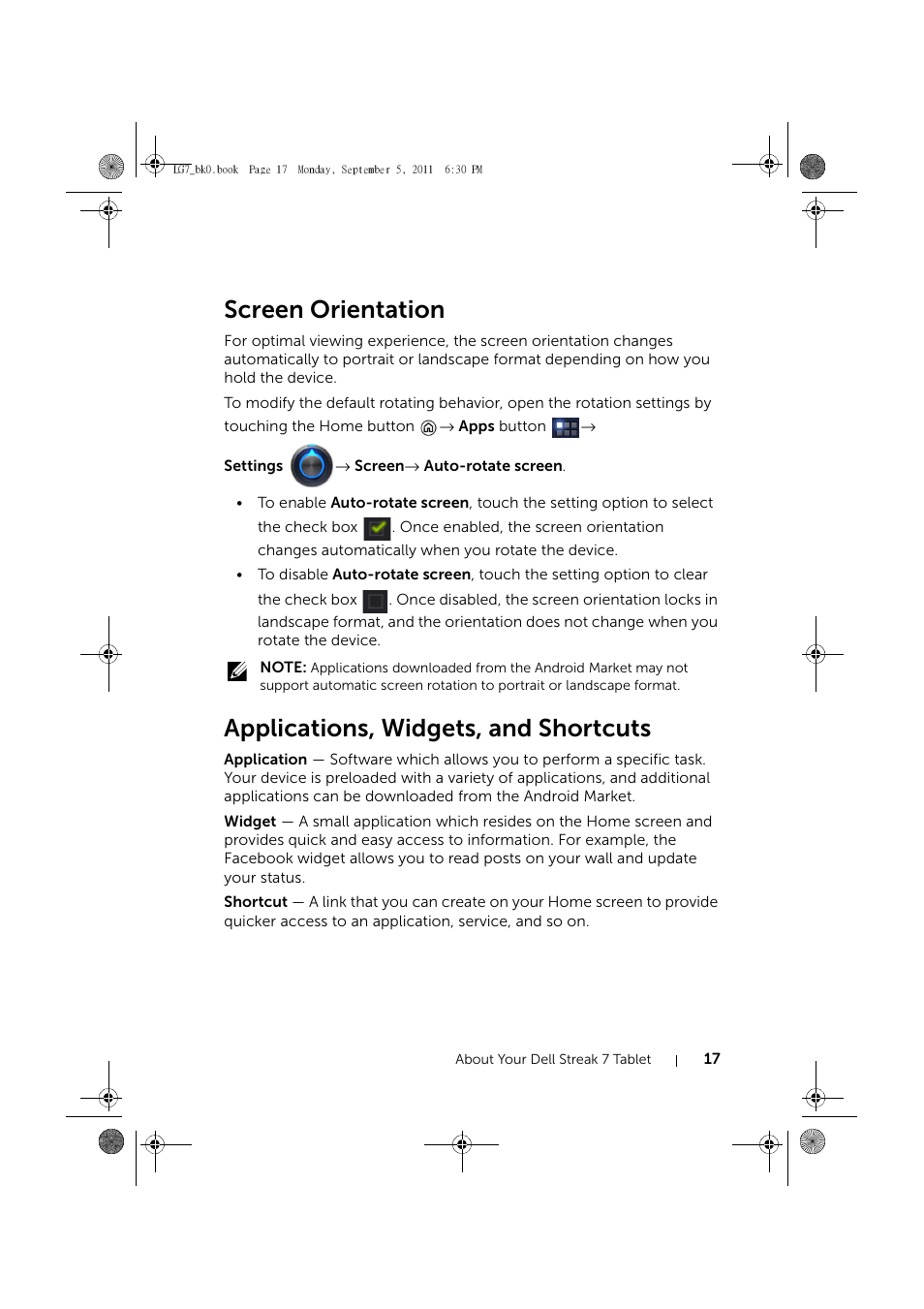 Screen orientation, Applications, widgets, and shortcuts | Dell Mobile Streak 7 Wifi Only User Manual | Page 17 / 142