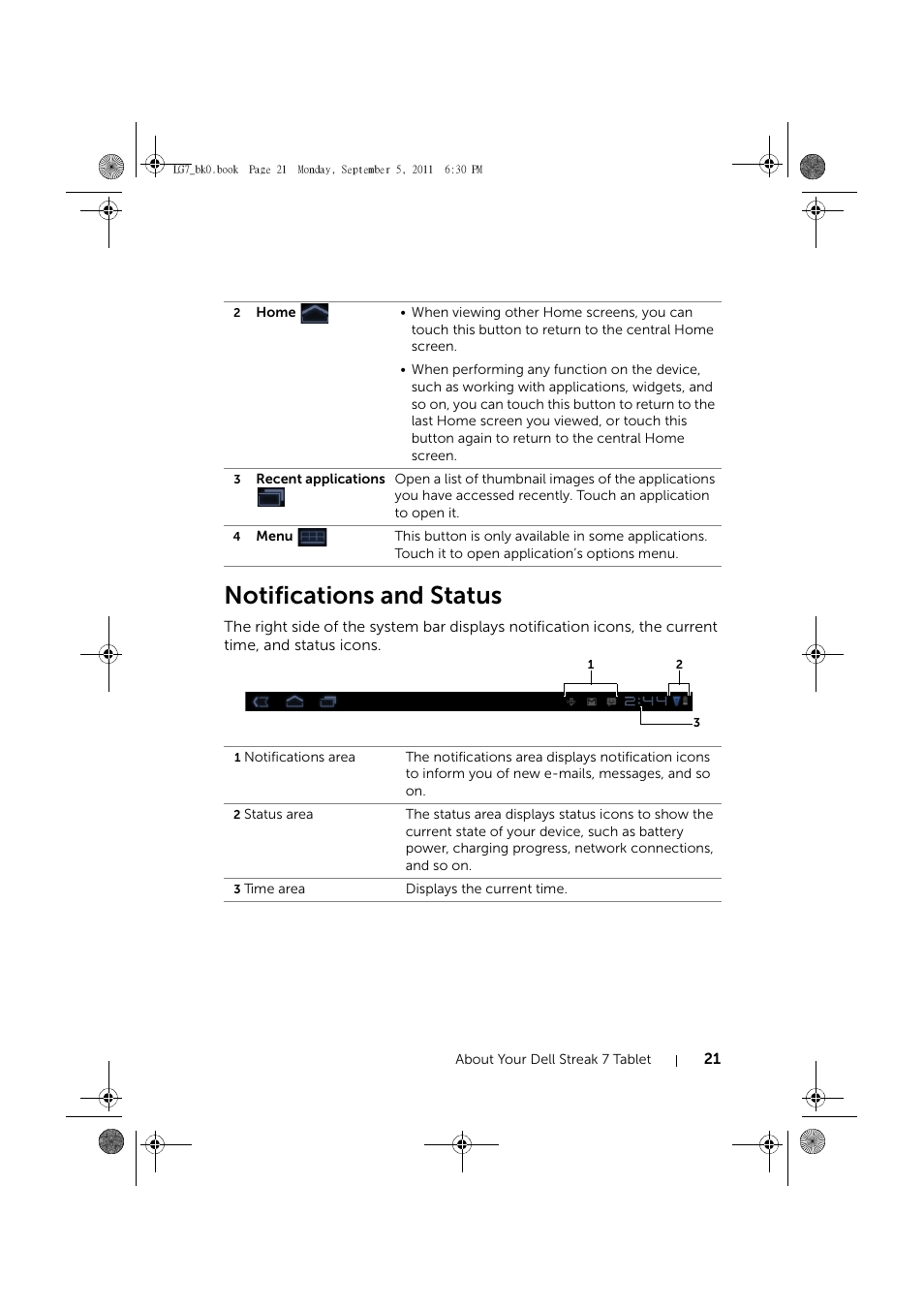 Notifications and status | Dell Mobile Streak 7 Wifi Only User Manual | Page 21 / 142