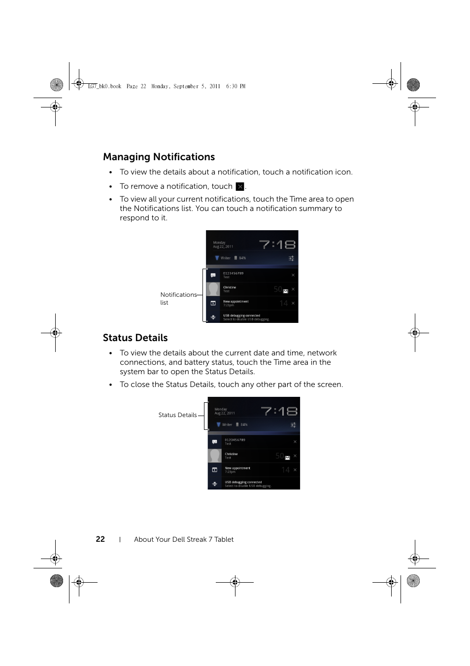 Managing notifications, Status details | Dell Mobile Streak 7 Wifi Only User Manual | Page 22 / 142