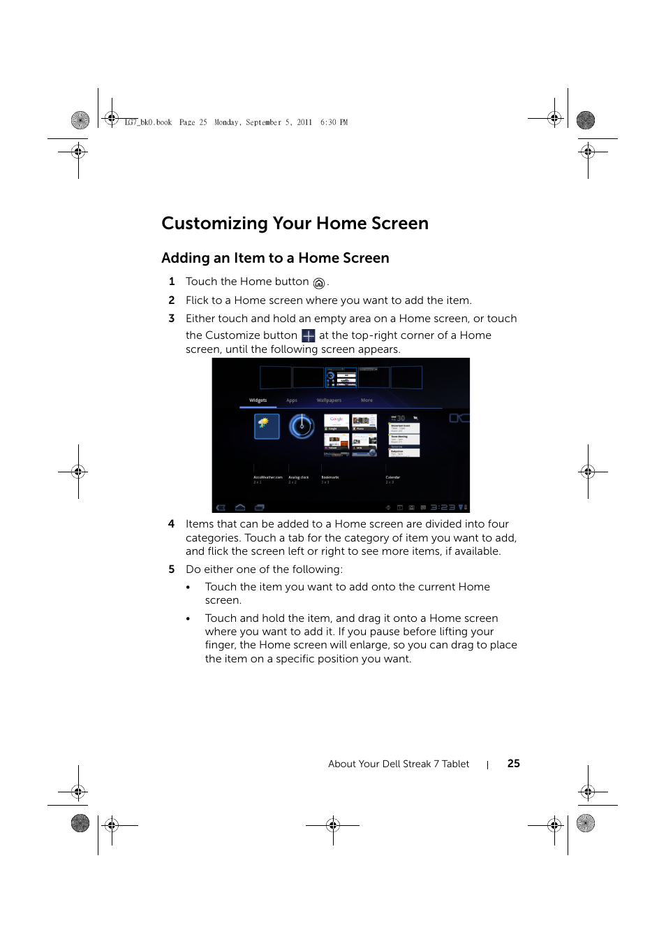 Customizing your home screen, Adding an item to a home screen | Dell Mobile Streak 7 Wifi Only User Manual | Page 25 / 142