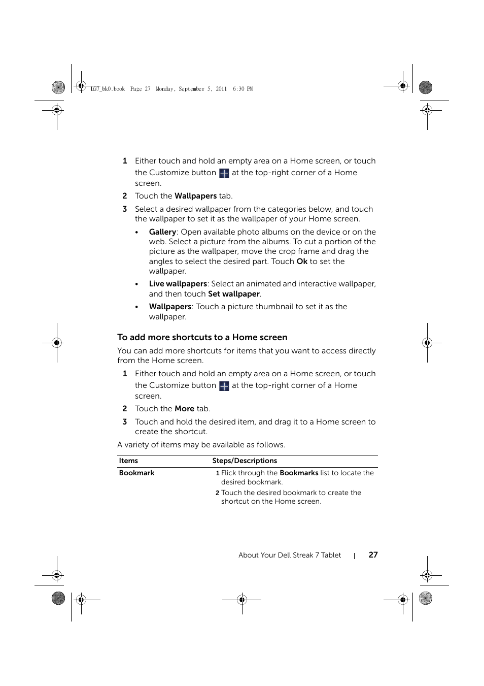 To add more shortcuts to a home screen | Dell Mobile Streak 7 Wifi Only User Manual | Page 27 / 142