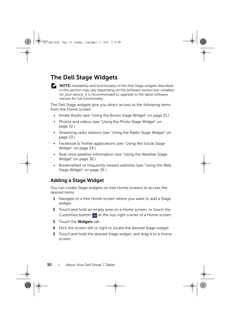 The dell stage widgets, Adding a stage widget | Dell Mobile Streak 7 Wifi Only User Manual | Page 30 / 142