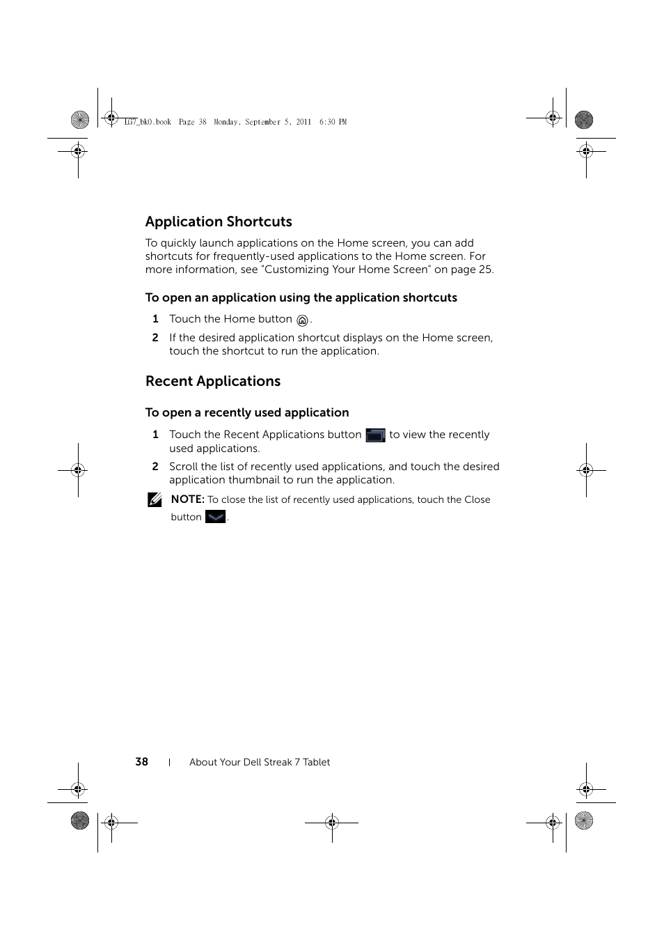 Application shortcuts, Recent applications, To open a recently used application | Dell Mobile Streak 7 Wifi Only User Manual | Page 38 / 142