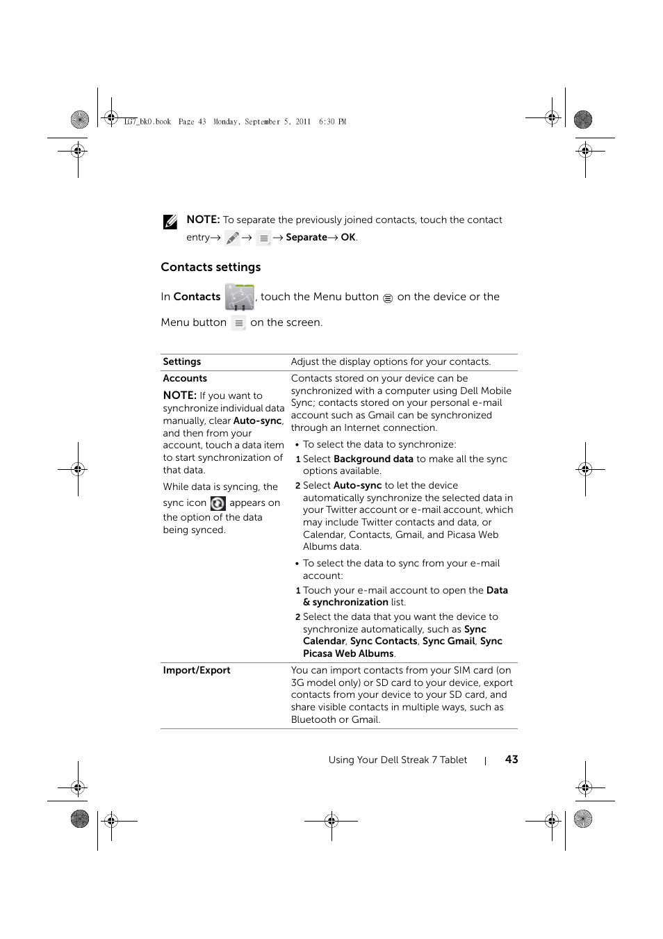 Contacts settings | Dell Mobile Streak 7 Wifi Only User Manual | Page 43 / 142