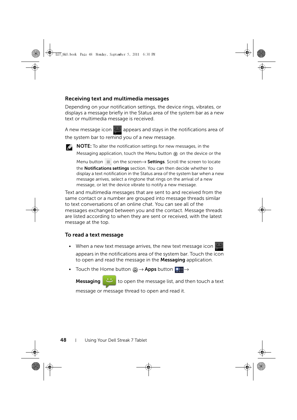 Receiving text and multimedia messages, To read a text message | Dell Mobile Streak 7 Wifi Only User Manual | Page 48 / 142