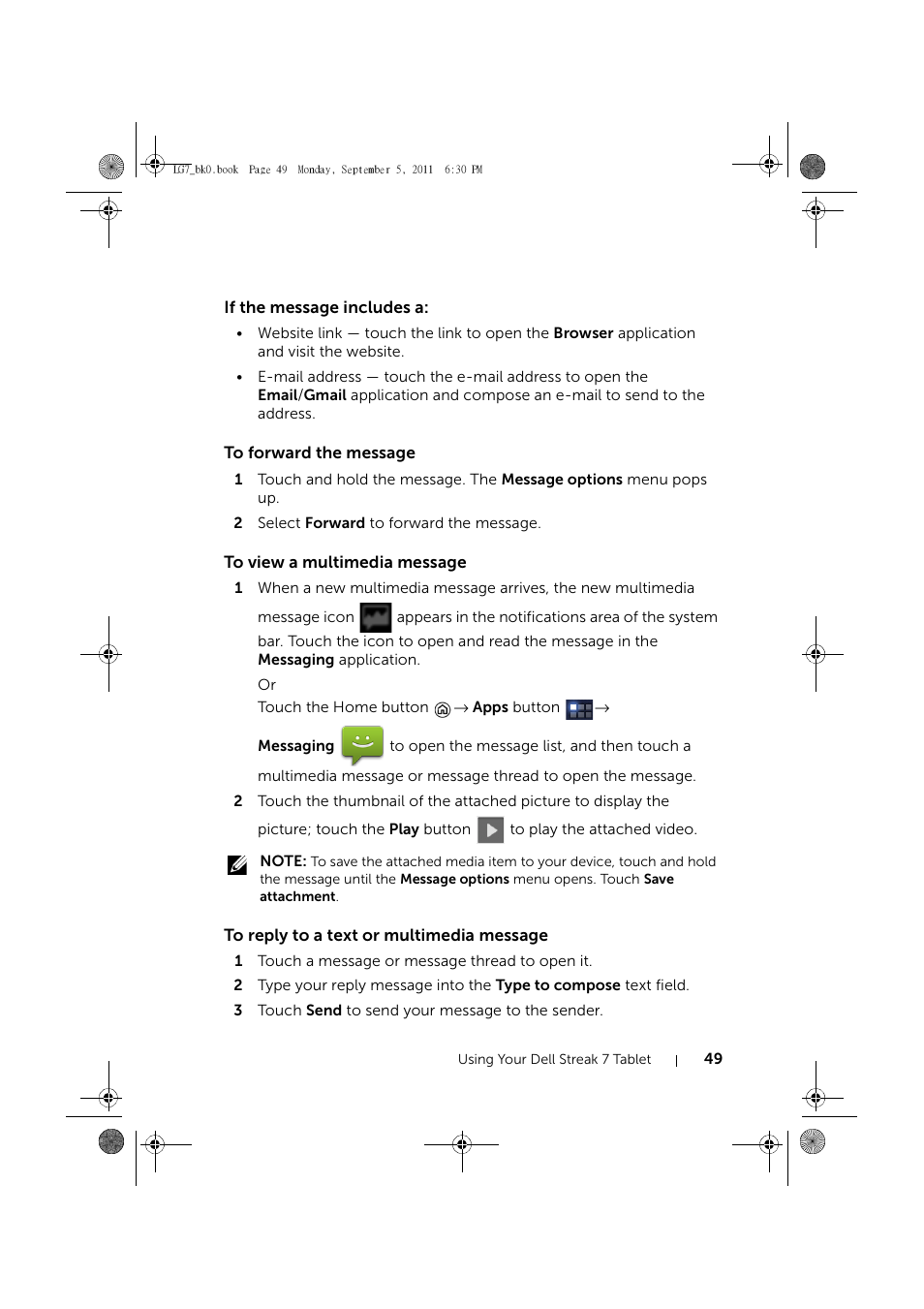 If the message includes a, To forward the message, To view a multimedia message | To reply to a text or multimedia message | Dell Mobile Streak 7 Wifi Only User Manual | Page 49 / 142