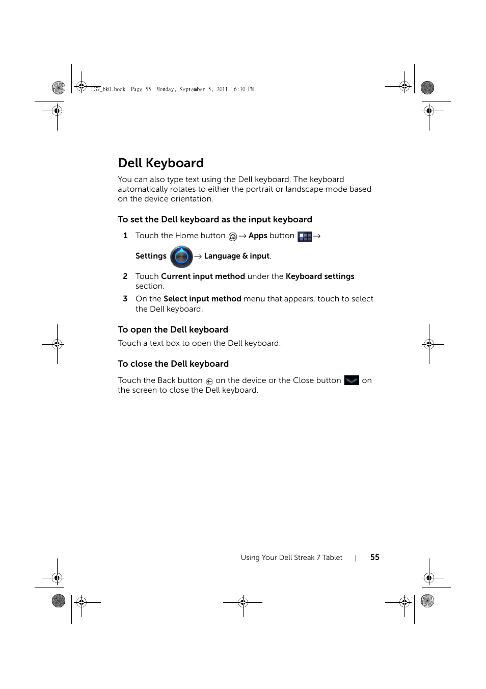 Dell keyboard, To set the dell keyboard as the input keyboard, To open the dell keyboard | To close the dell keyboard | Dell Mobile Streak 7 Wifi Only User Manual | Page 55 / 142