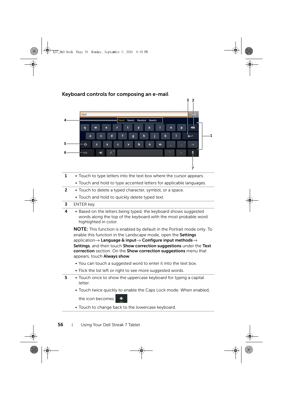 Keyboard controls for composing an e-mail | Dell Mobile Streak 7 Wifi Only User Manual | Page 56 / 142