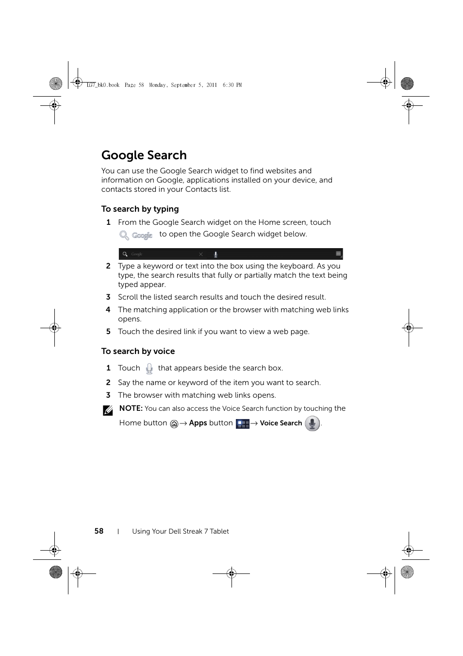 Google search, To search by typing, To search by voice | Dell Mobile Streak 7 Wifi Only User Manual | Page 58 / 142