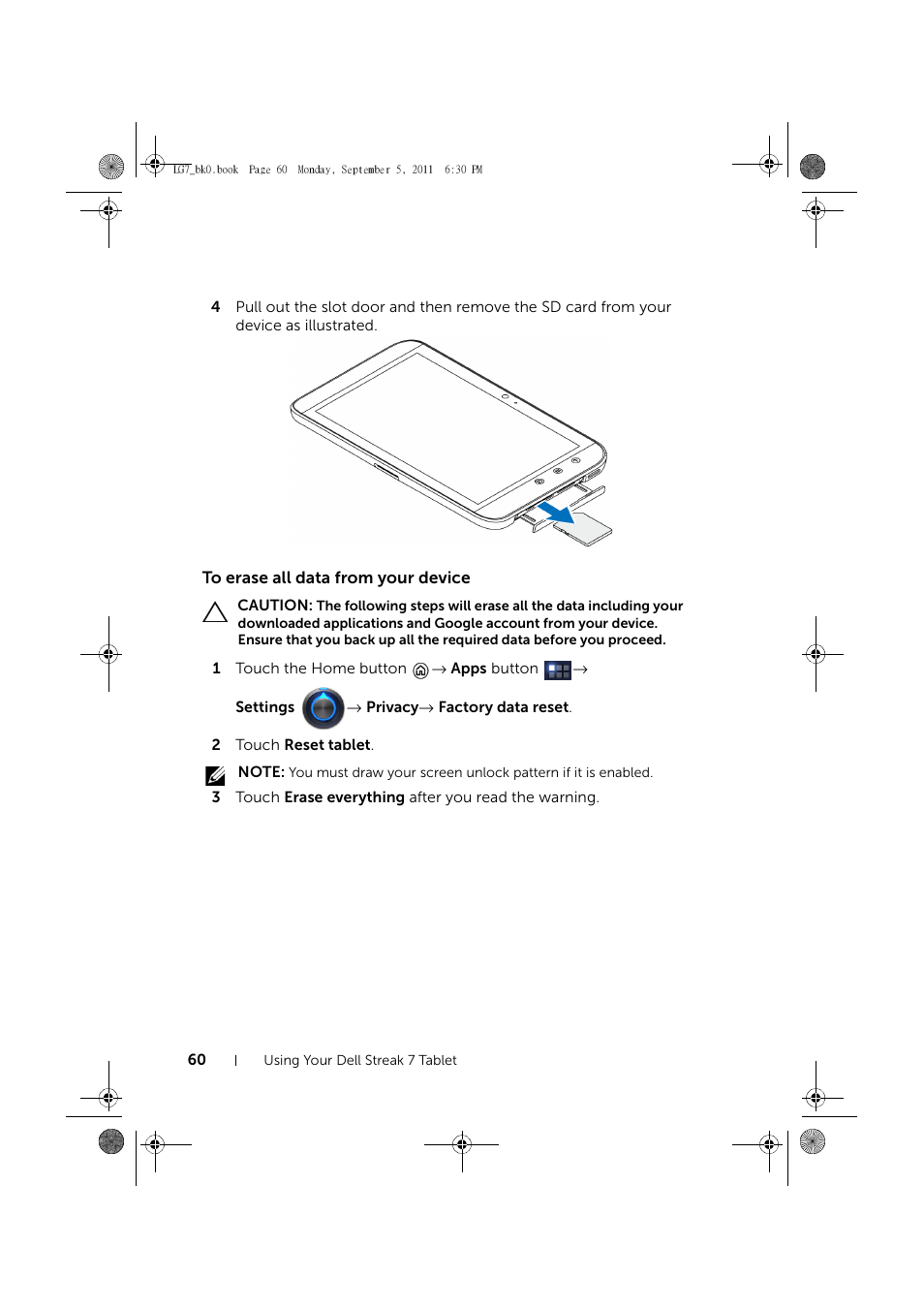 To erase all data from your device | Dell Mobile Streak 7 Wifi Only User Manual | Page 60 / 142