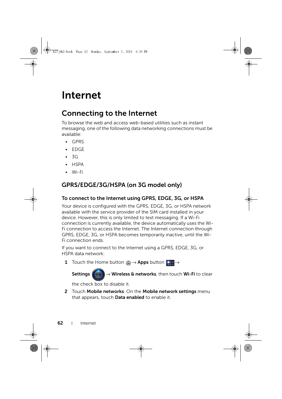 Internet, Connecting to the internet, Gprs/edge/3g/hspa (on 3g model only) | Dell Mobile Streak 7 Wifi Only User Manual | Page 62 / 142