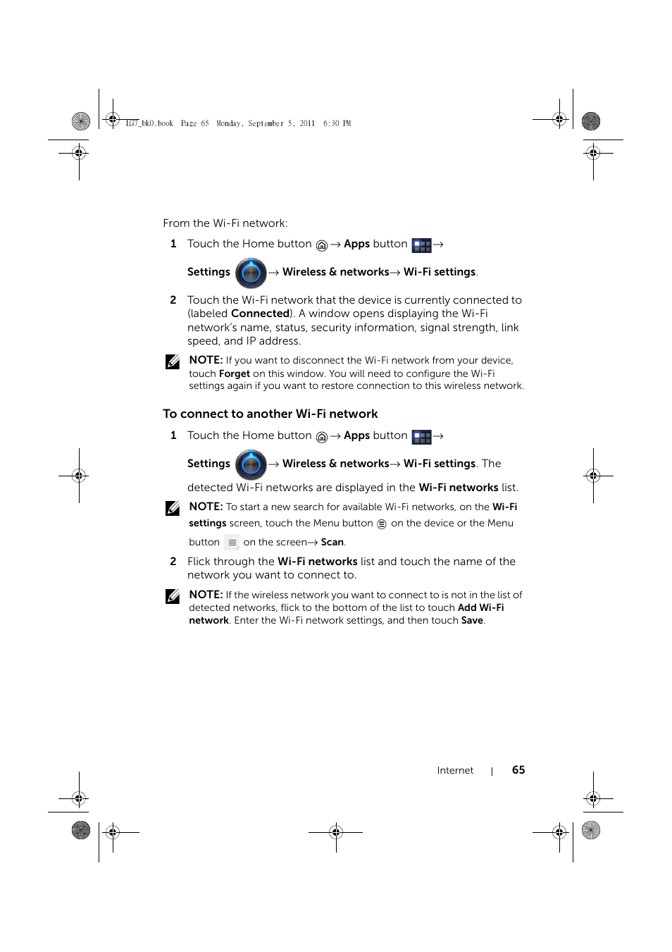 To connect to another wi-fi network | Dell Mobile Streak 7 Wifi Only User Manual | Page 65 / 142