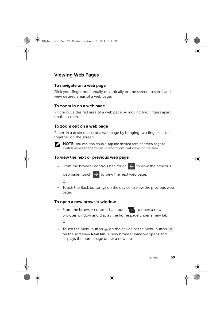 To open a new browser window, Viewing web pages | Dell Mobile Streak 7 Wifi Only User Manual | Page 69 / 142