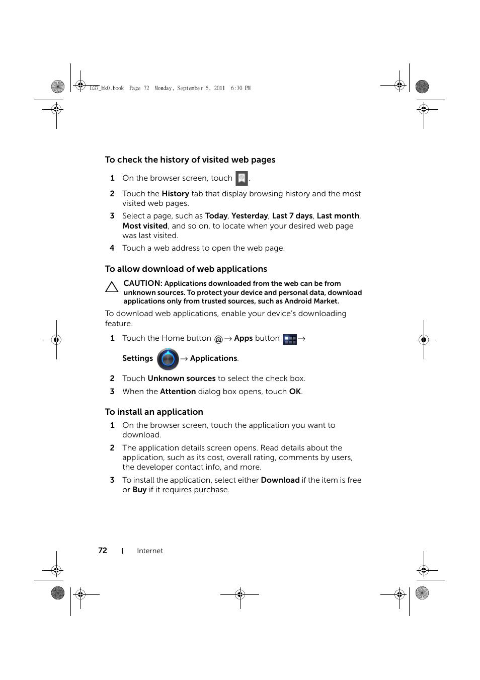 To allow download of web applications, To install an application | Dell Mobile Streak 7 Wifi Only User Manual | Page 72 / 142