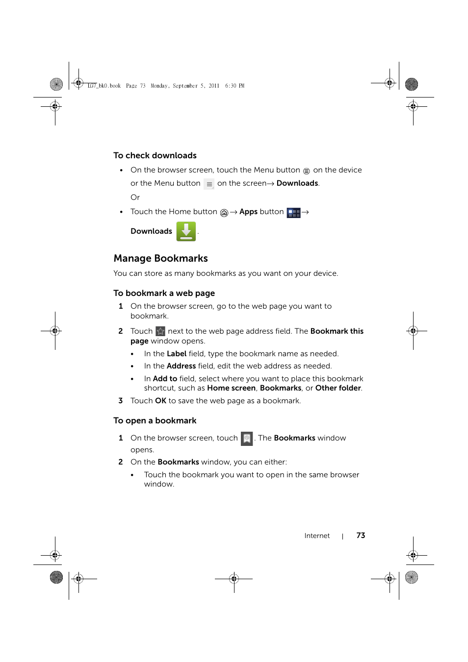 To check downloads, Manage bookmarks, To open a bookmark | Dell Mobile Streak 7 Wifi Only User Manual | Page 73 / 142