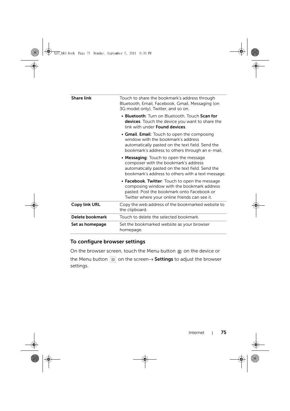 To configure browser settings | Dell Mobile Streak 7 Wifi Only User Manual | Page 75 / 142