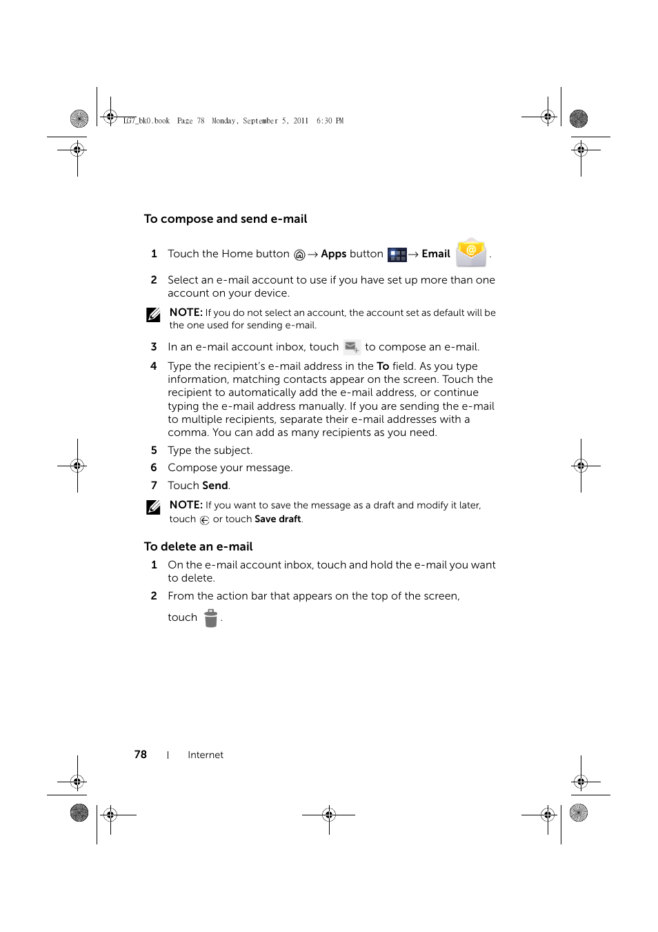 To compose and send e-mail, To delete an e-mail | Dell Mobile Streak 7 Wifi Only User Manual | Page 78 / 142