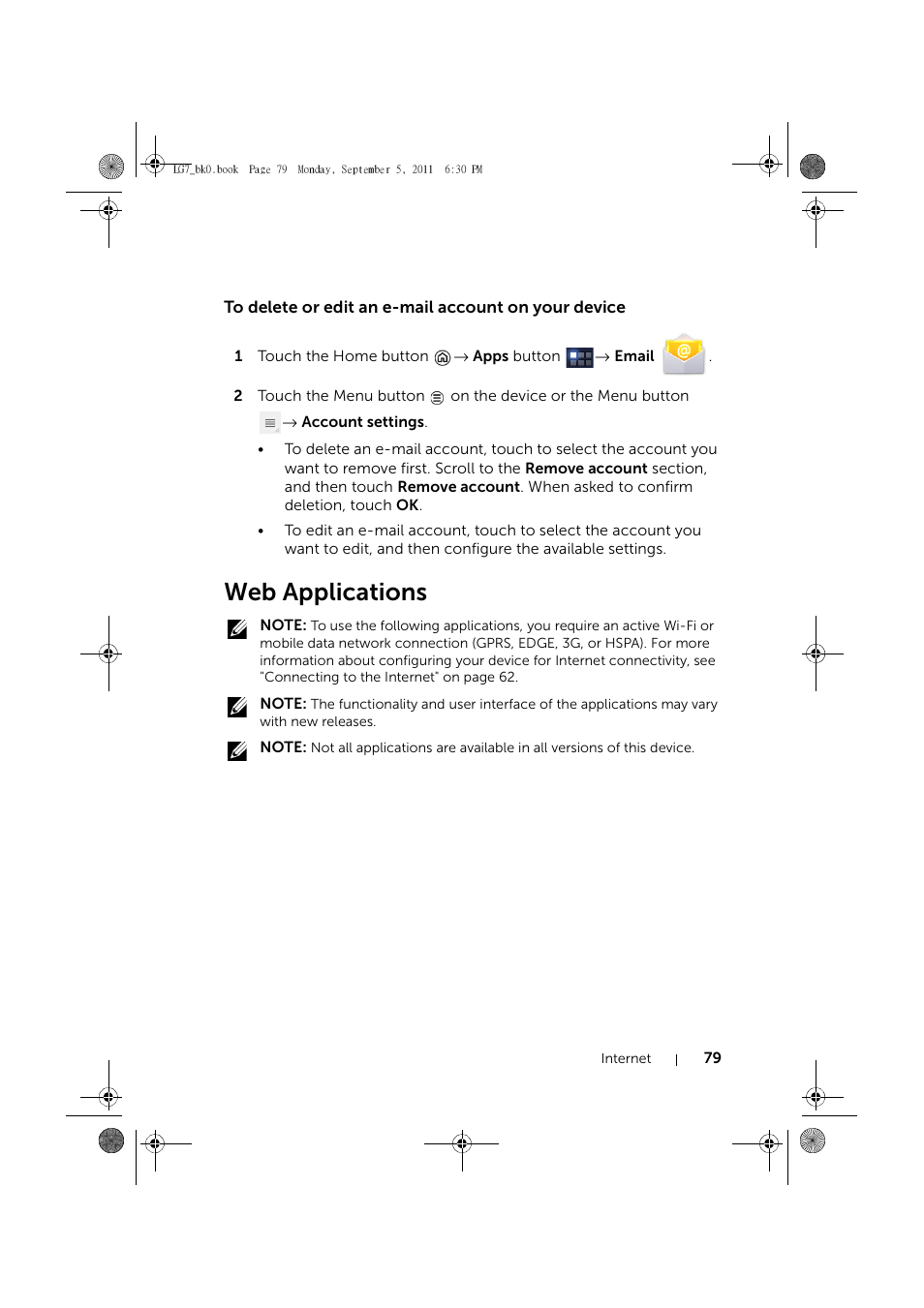 To delete or edit an e-mail account on your device, Web applications | Dell Mobile Streak 7 Wifi Only User Manual | Page 79 / 142