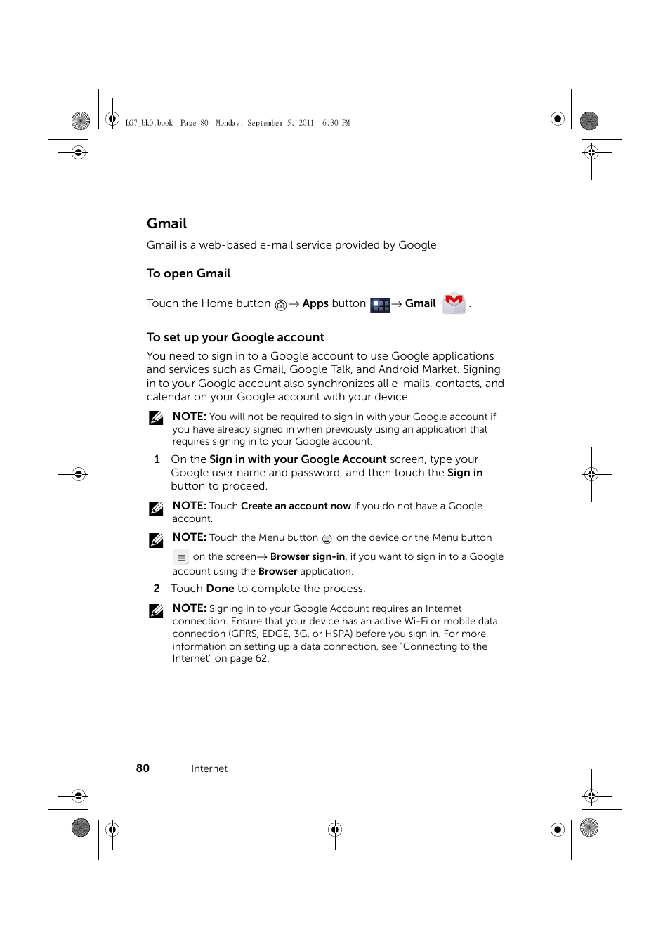 Gmail, To open gmail, To set up your google account | Dell Mobile Streak 7 Wifi Only User Manual | Page 80 / 142