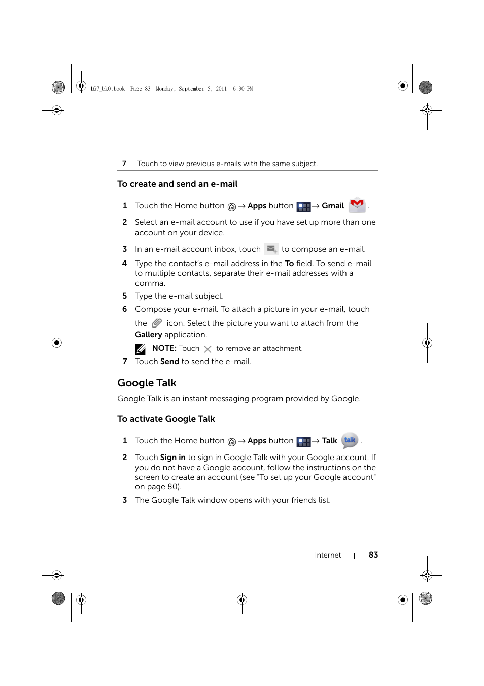 To create and send an e-mail, Google talk, To activate google talk | Dell Mobile Streak 7 Wifi Only User Manual | Page 83 / 142