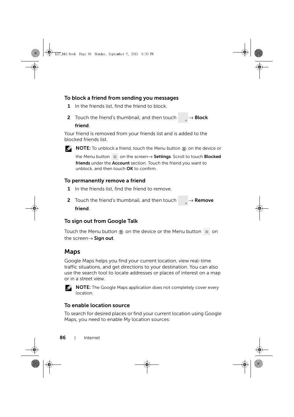 To block a friend from sending you messages, To permanently remove a friend, To sign out from google talk | Maps, To enable location source | Dell Mobile Streak 7 Wifi Only User Manual | Page 86 / 142