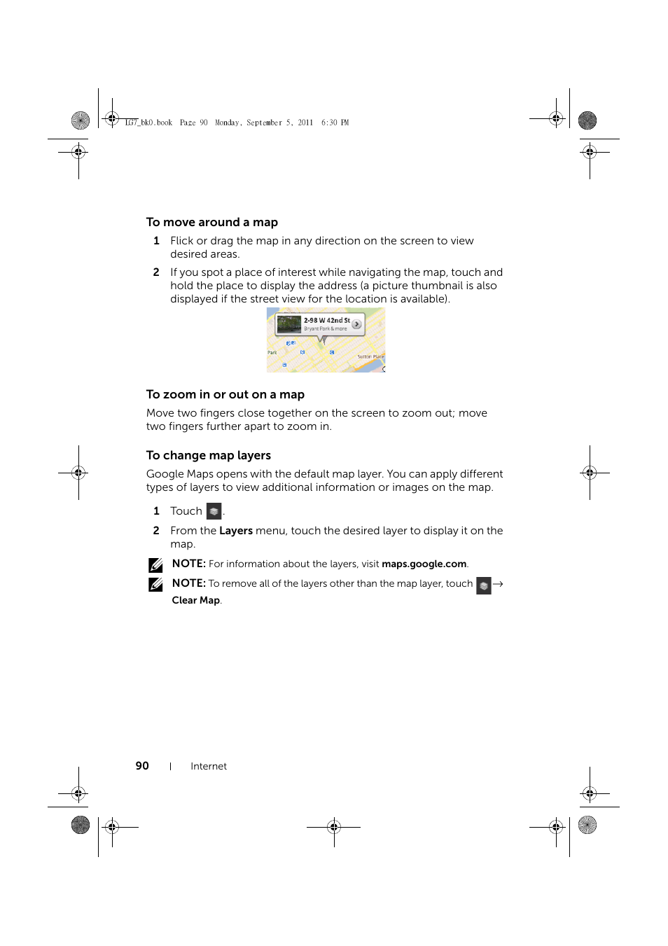 To move around a map, To zoom in or out on a map, To change map layers | Dell Mobile Streak 7 Wifi Only User Manual | Page 90 / 142