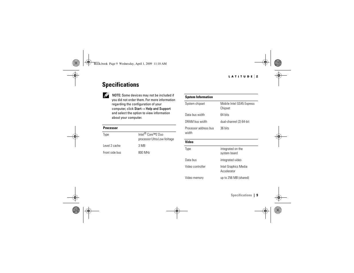 Specifications | Dell Latitude Z (Late 2009) User Manual | Page 9 / 12