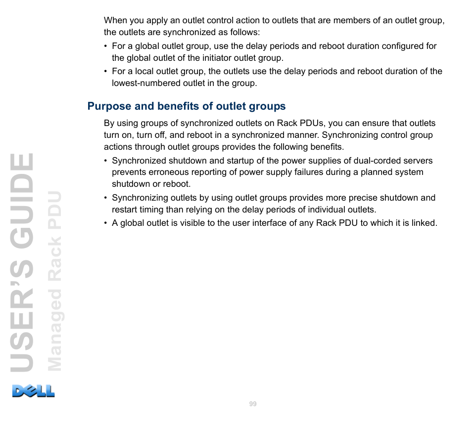 Purpose and benefits of outlet groups, User’s guide | Dell Managed PDU LED User Manual | Page 104 / 244