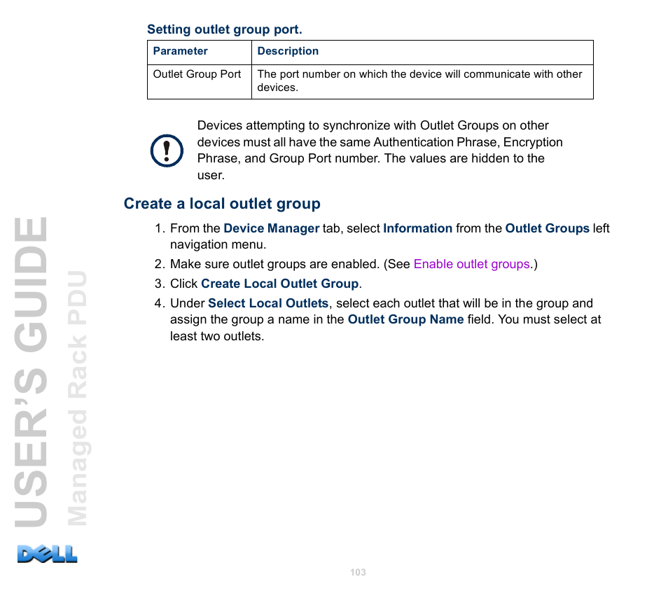 Create a local outlet group, User’s guide | Dell Managed PDU LED User Manual | Page 108 / 244